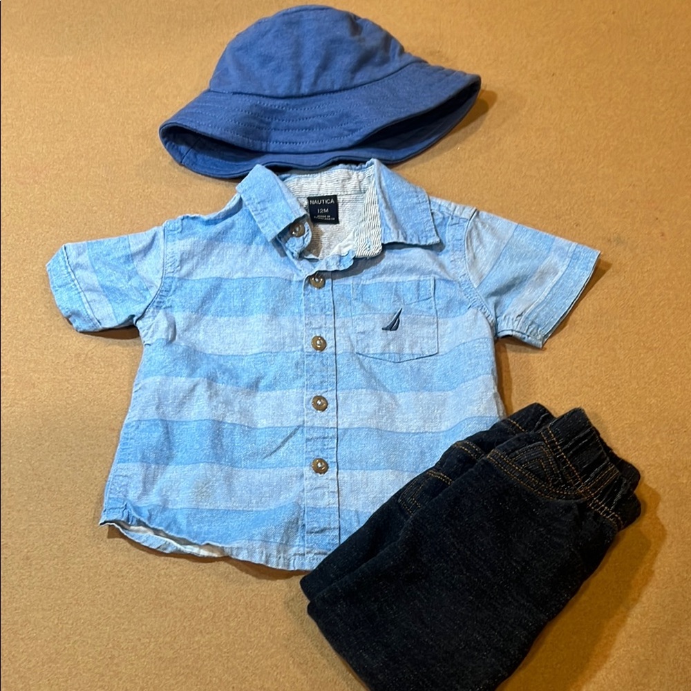 12 Mo Nautica striped Button Down Shirt w/Blue Bucket hat + Carter’s jeans